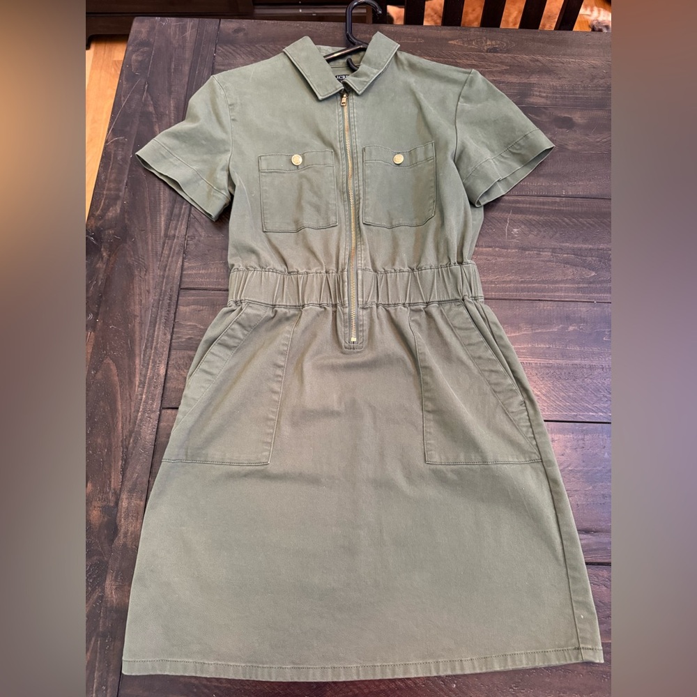 J. Crew Khaki Short Sleeve Dress with Gold Accents